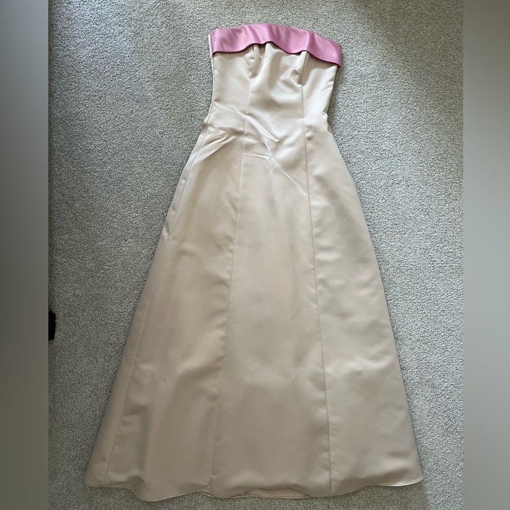 Strapless champagne dress with pink detail, size 3/4.